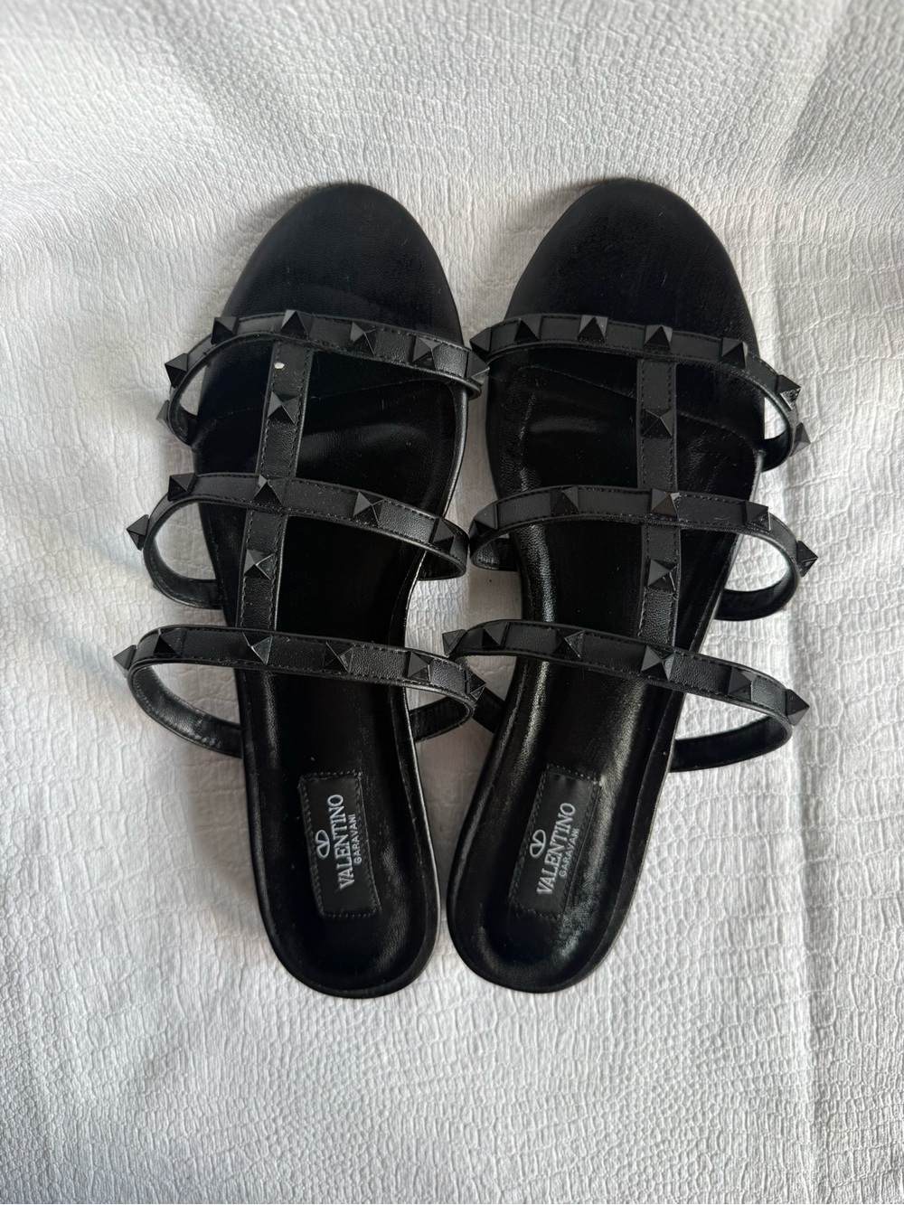 Valentino Black Pyramid Rockstud Triple-Strap Slide Sandals